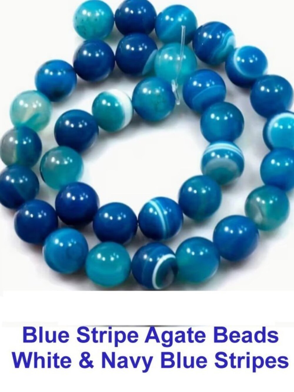 Blue Stripe Agate Beads White & Navy Blue Stripes 15" Strand
